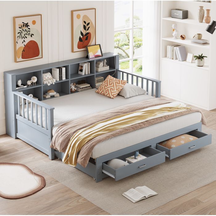 Lit banquette 90x190 cm extensible 180x190 cm avec prise et rangements 2 tiroirs sommier à lattes bois gris