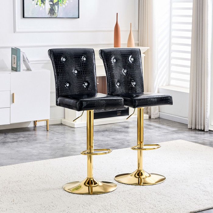 Bladez - Lot de 2 Tabourets de bar en similicuir Style Vintage hauteur réglable pivotant à 360° Assise de tabouret Noir et doré
