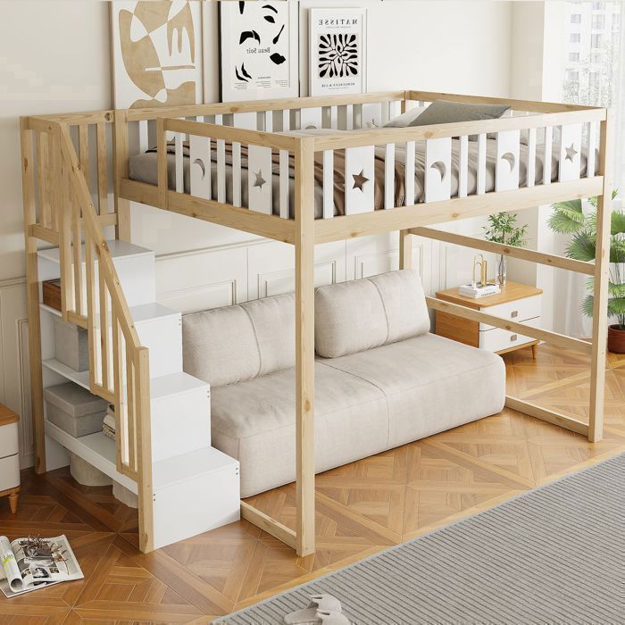 Lit Mezzanine 140x200 cm Bois Massif Pin Escalier avec Étagères - lit double - Décor Étoiles et Lune Espace Libre Sécurisé Blanc