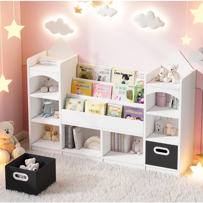 Bibliothèque enfant Meuble de rangement enfant 130 x 30 x 90 cm 2 bacs pliables anti-basculement MDF blanc
