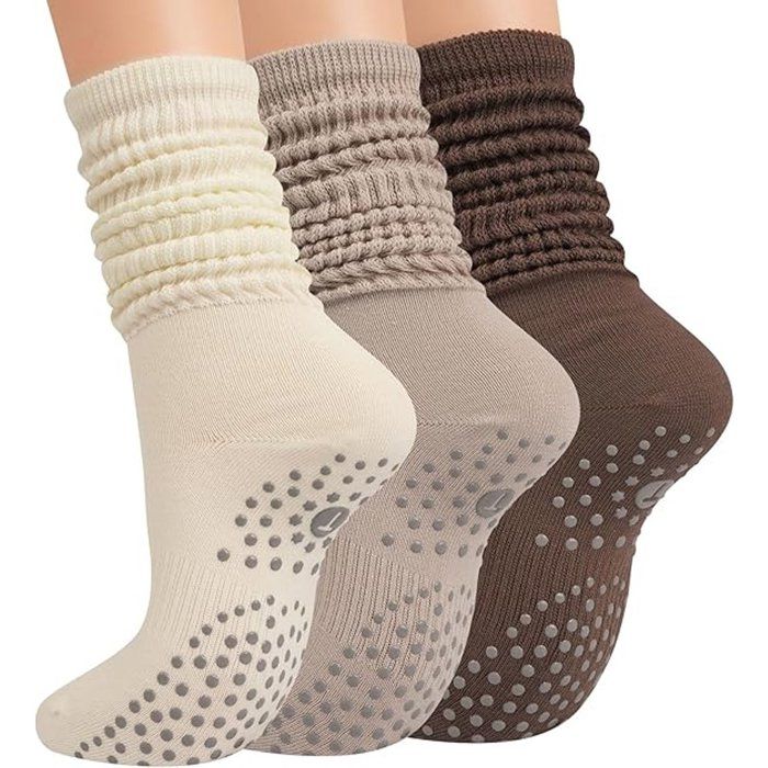 Lot De 3 Paires Chaussettes Antidérapantes Femme Grip Silicone Pour Yoga Pilates Ballet Taille 36-43 Couleurs Neutres