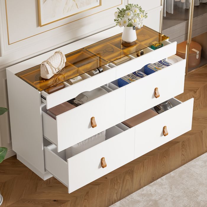 Commode à bijoux - MINIMAL - N657P390200W - Blanc - 6 tiroirs - Plateau verre trempé anti-rayures Commode à bijoux - MINIMAL - N657P390200W - Blanc - 6 tiroirs - Plateau verre trempé anti-rayures
