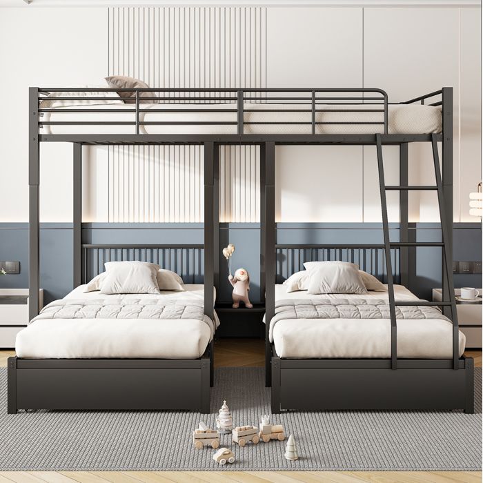 Lit mezzanine triple 3 places 140×200 cm et 2×90×200 cm convertible 2 tiroirs sans matelas noir - UVRION