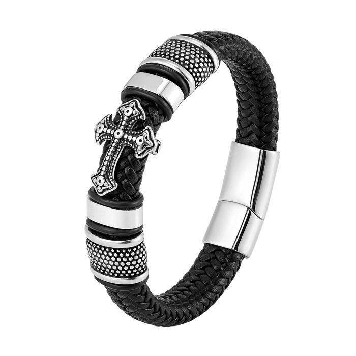 Bracelet Homme Cuir Tressé Main Croix Acier Titane Aimant Magnétique Vintage