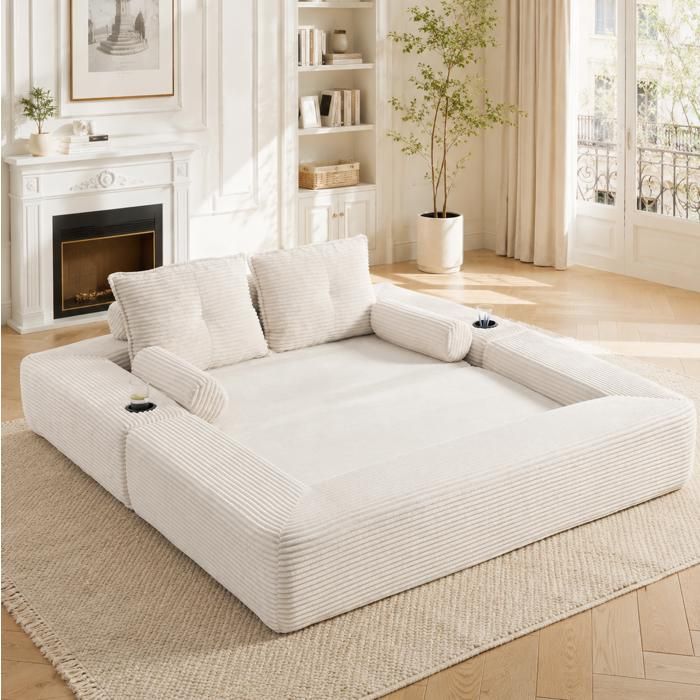 Canapé convertible 2 places en velours côtelé beige 180 cm avec mousse densité 30 ressorts poches et porte-gobelet