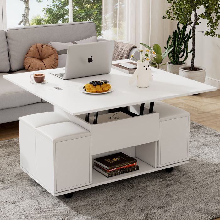 Table basse relevable multifonction 2 plateaux avec 4 tabourets coffre rangement caché roulettes panneau de particules blanc