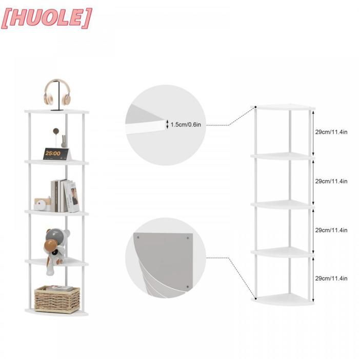 HUOLE Étagère triangulaire à 5 niveaux de 124 cm de haut – Idéale pour le salon la cuisine et la chambre blanc.