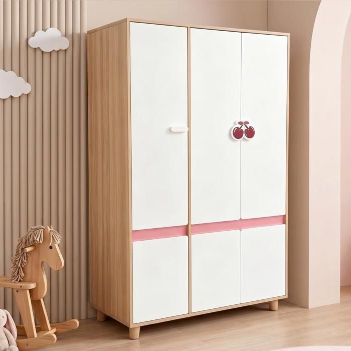 Armoire Enfant GINGER HOME CHERRY 3 Compartiments 6 Portes Étagères et Penderie Blanc et Rose 120x60x180 cm