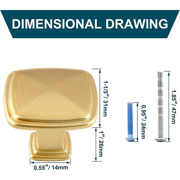 Lot de 25 boutons de meuble carrés poignées de placard dorées 31 mm aluminium brossé vis incluses