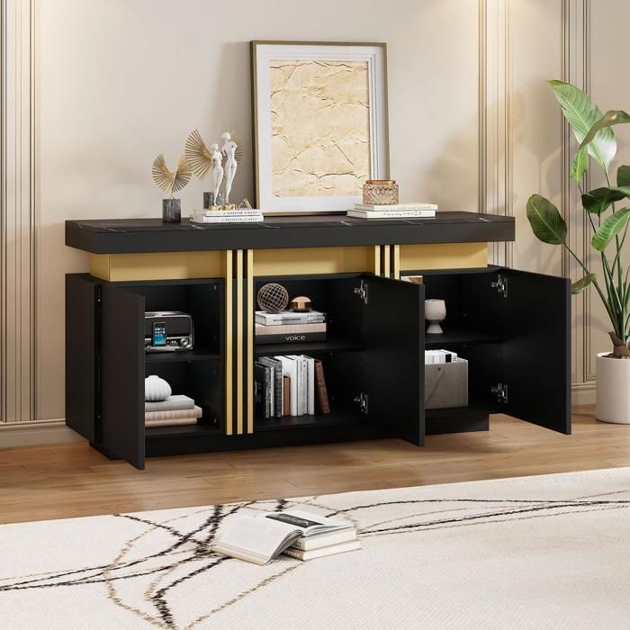 Buffet bas - KOMHTOM - Sideboard moderne - 3 portes - Plateau marbre - Noir et or Buffet bas - KOMHTOM - Sideboard moderne - 3 portes - Plateau marbre - Noir et or