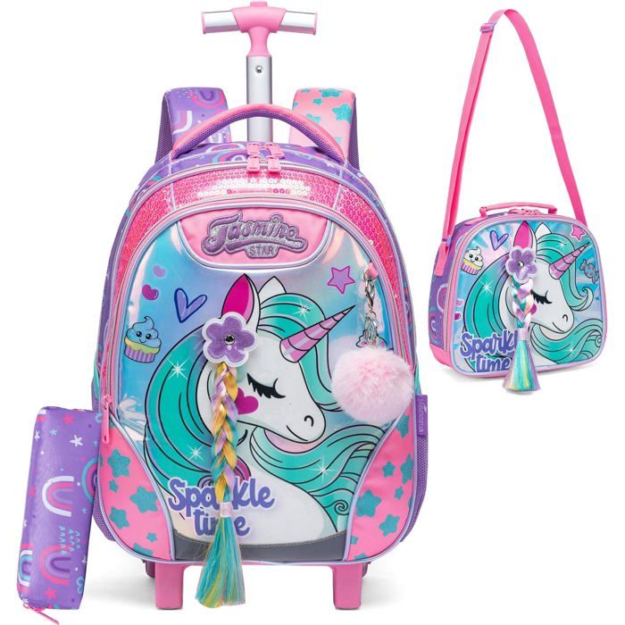 Cartable à roulettes fille primaire - HTgroce - 3 en 1 - 42 x 30 x 20 cm - 25 2 litres - 2 roues silencieuses