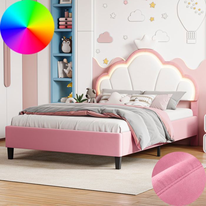 lit 140x190 avec sommier et led lit fille 140x190 avec tête de lit capitonnée en forme de couronne tissu en velours rose
