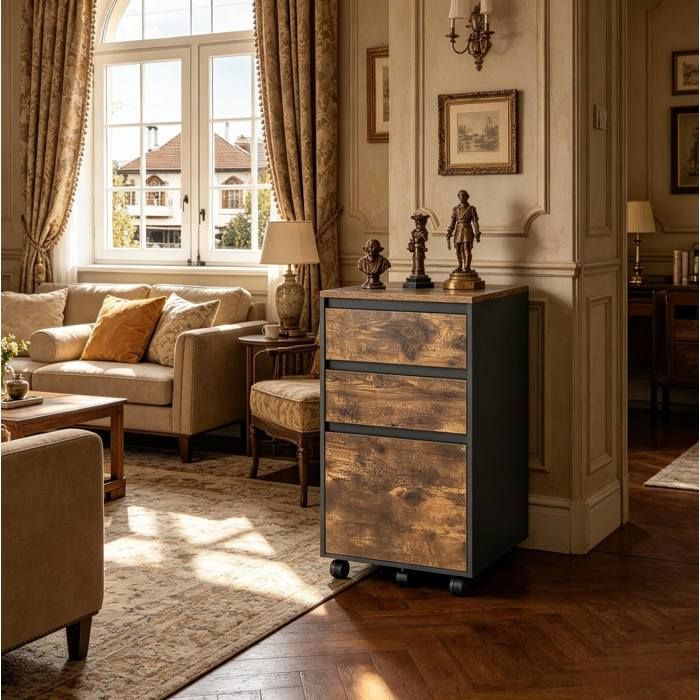 Caisson de bureau mobile – 3 tiroirs pour dossiers A4 – noir et marron foncé – 40 x 40 x 70 cm