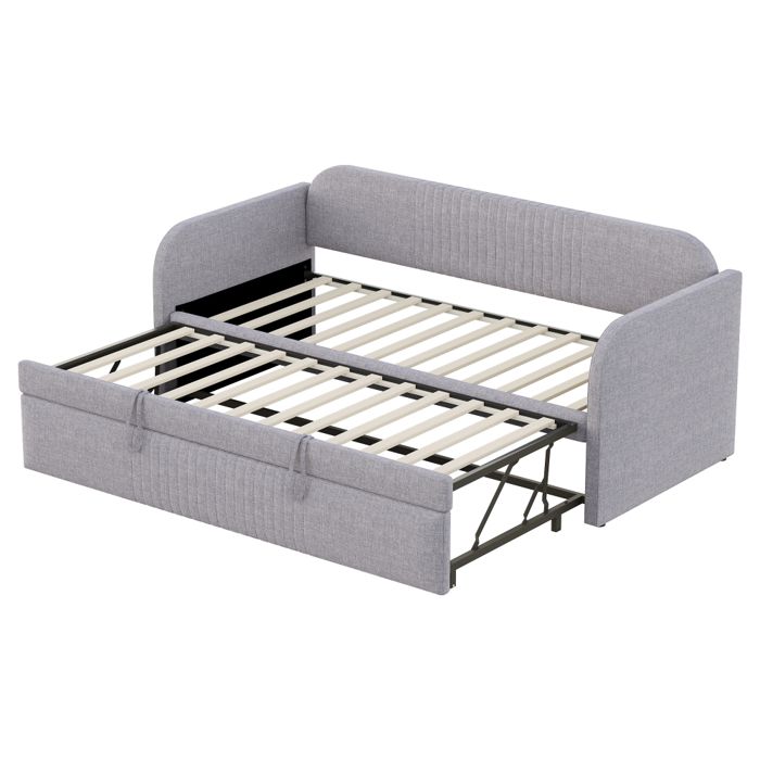 Lit banquette convertible 90/180x190 cm en tissu lin avec sommier rayures verticales canapé-lit multifonction gris clair