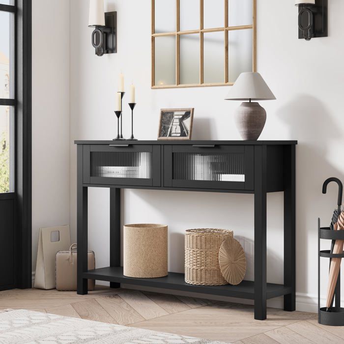 Koioplie Table console bois 110 cm avec 2 tiroirs vitrés et étagère inférieure table dentrée élégante pour salon couloir Noir