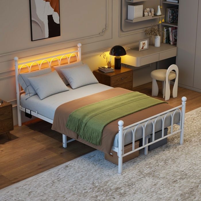 Luscriate - Lit métal 120x200cm avec LED chargeur USB rangement blanc