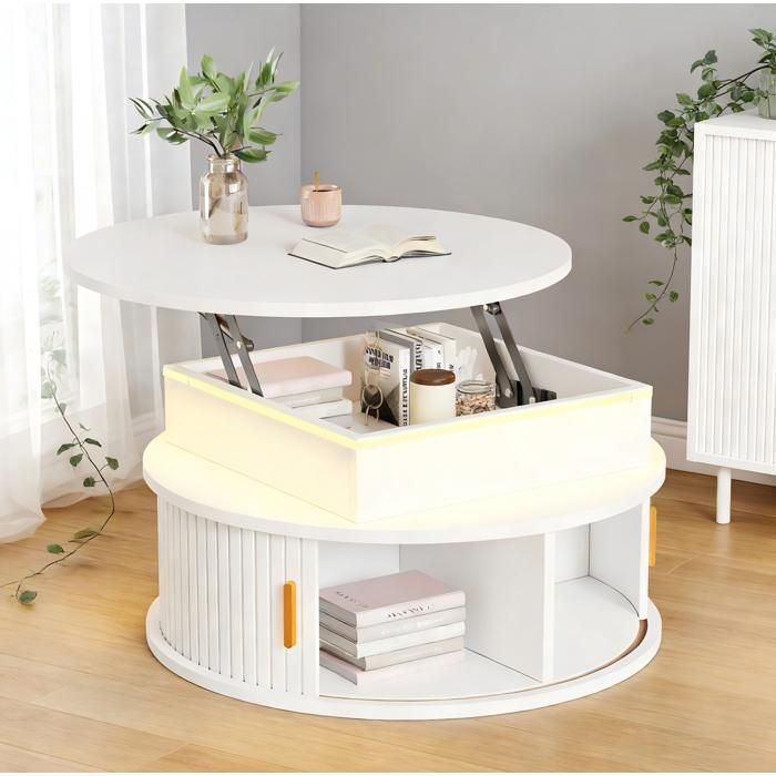 COVREO Table basse relevable ronde 75 cm avec LED rangement intégré blanc MDF brillant
