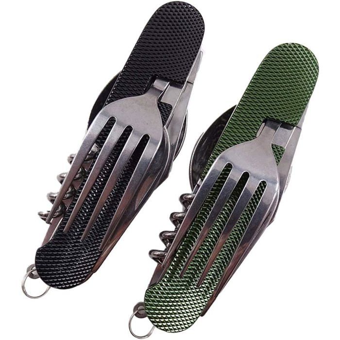 Kit Couverts de Camping 6 en 1 en Acier Inoxydable Pliant coutellerie Couverts Set Ensemble de Voyage en Plein air (Noir Vert)