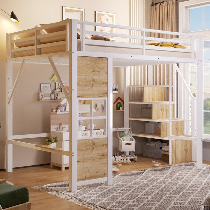 Lit mezzanine 140x200 cm blanc cadre métal avec échelle rangement ouvert garde-corps sécurité fenêtre sans matelas