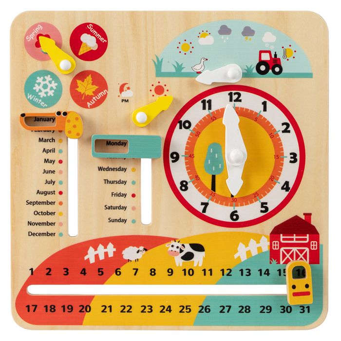 Busy Board Montessori en Bois - COSTWAY Thème Ferme Horloge Météo Jour Nuit Mois Semaine Planche Sensorielle 3+ Ans Idée Cadeau