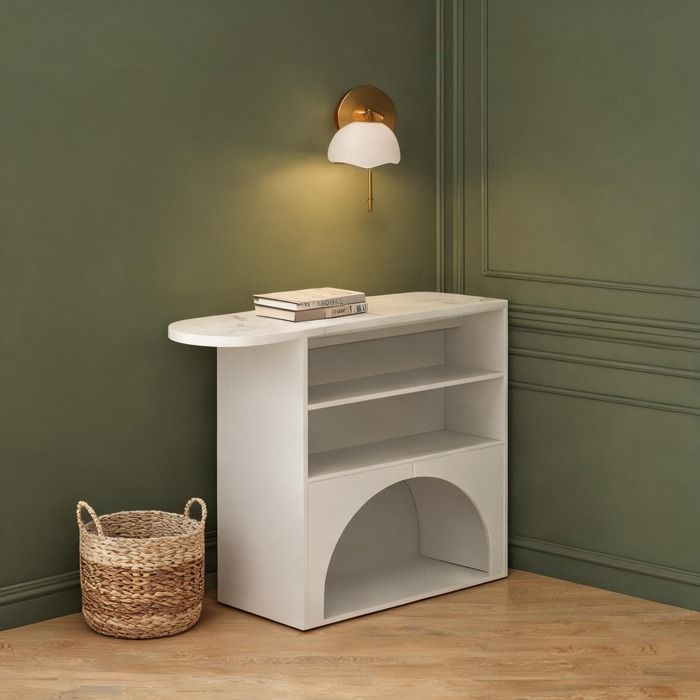Buffet bar extensible blanc effet marbre 120-200 cm avec niche pour animal
