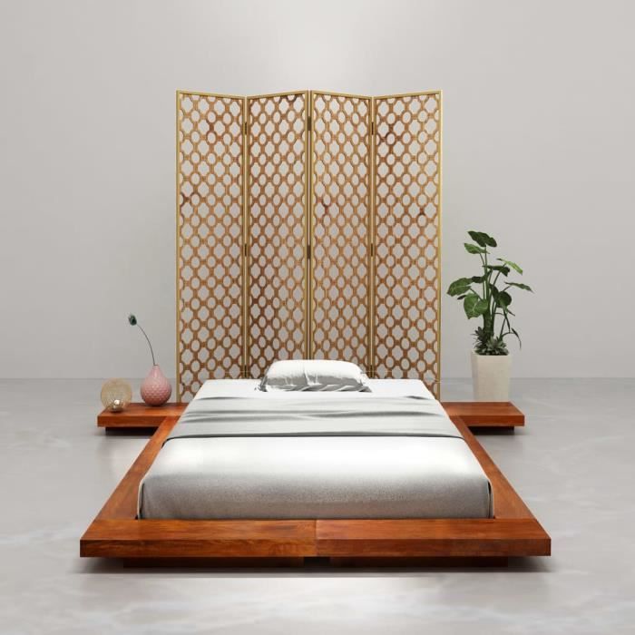 cadre de lit futon japonais - aramox - rho - bois d'acacia massif - marron miel brun - 220 x 220 x 11 cm