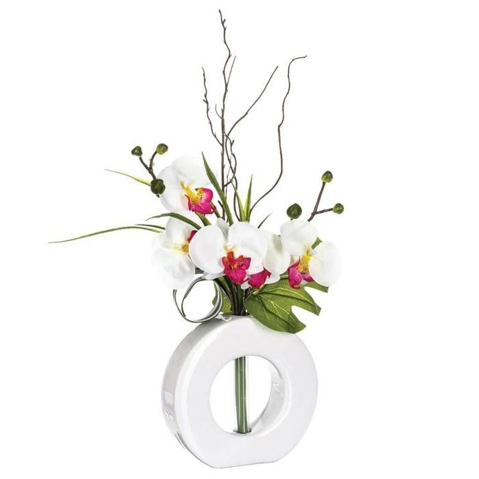 Vase Céramique Blanc ATMOSPHERE + Composition Orchidées Artificielles