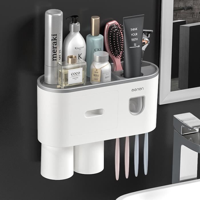 Distributeur Automatique de Dentifrice - Support Mural - 4 Fentes - 2 Gobelets - Blanc