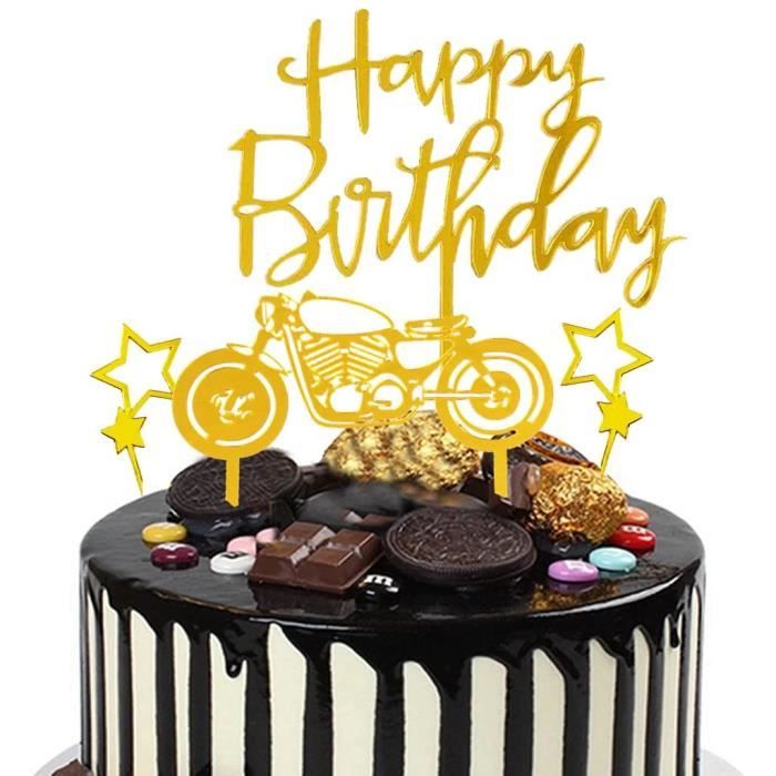 Partie Moto Décoration Gâteau d'anniversaire pour Homme Garçon Ouceanwin 4 Pcs Moto Topper de Gâteau Cake Topper Noir Or Personnalisé Joyeux Anniversaire Gâteau Topper Glitter Star 