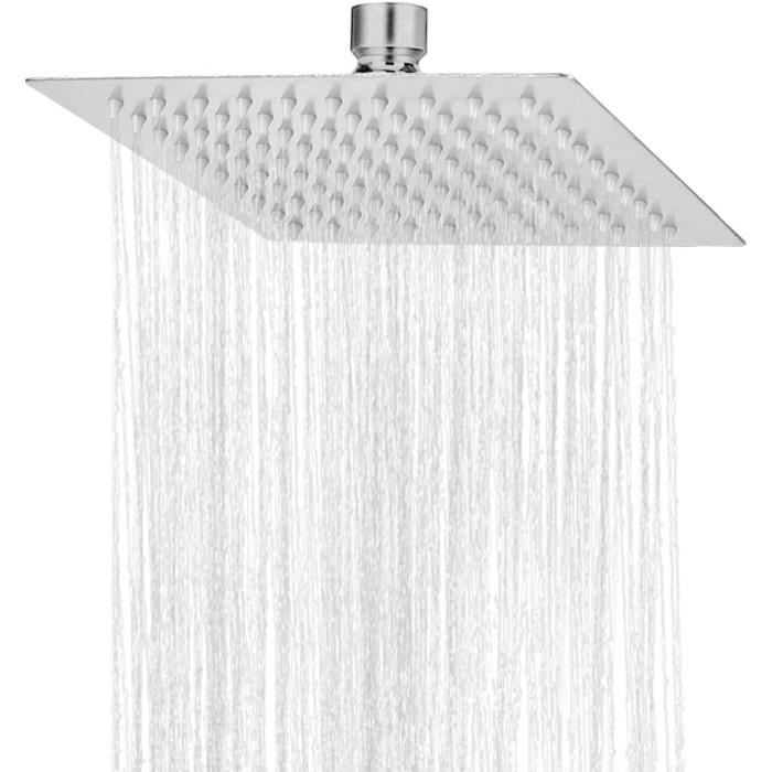 Pommeau Douche Carré 20x20cm Wiltec - Effet Pluie, Acier Inoxydable, 100 Buses - Installation Facile