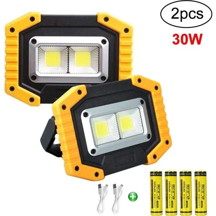 Projecteur de Chantier - 30W - 1500 Lumens - Rechargeable - Étanche - 2 pièces