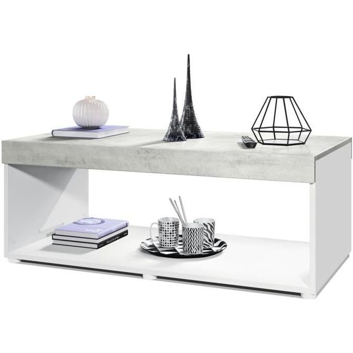 Vladon Table basse de salon Pure avec deux grandes étagères corps en blanc mat - plateau et bordures en Aspect Béton Oxyde