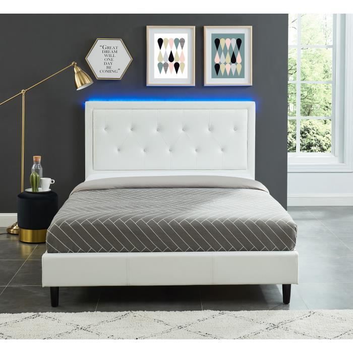 Killian Lit Adulte 140x190 Cm En Pu Blanc Avec Strass Et Led