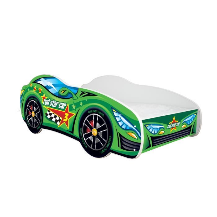 Lit auto - Green Car - 140x70 cm - Vert - Sommier à lattes - Matelas inclus
