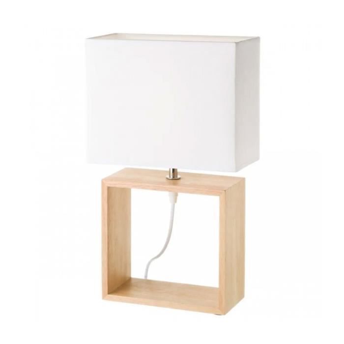 Lampe à Poser - WADIGA - Rectangulaire - Bois Massif - Abat-jour Tissu Blanc - 41cm de Hauteur Lampe à Poser - WADIGA - Rectangulaire - Bois Massif - Abat-jour Tissu Blanc - 41cm de Hauteur