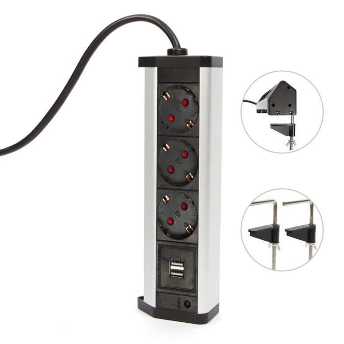 BLOC ESCAMOTABLE MULTIPRISES A 3 PRISES ET 2 x USB poids w// LED Indicator