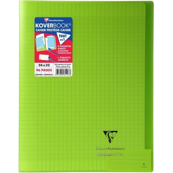 CLAIREFONTAINE - Cahier piqûre KOVERBOOK - 24 x 32 - 96 pages Seyès - Couverture Polypro translucide - Vert