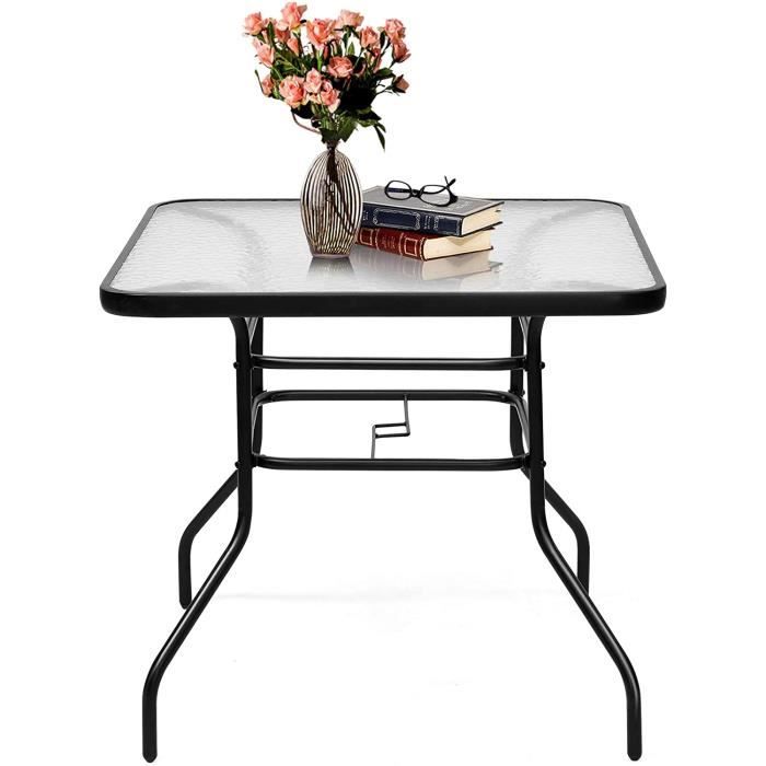 COSTWAY Table de Jardin Carrée en Métal avec Plateau en Verre 81 x 81 x 71 CM de Style Moderne pour Terrasse Balcon et Cour Noir