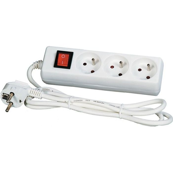 Multiprise USB filaire avec interrupteur, 3 prises + 2 USB-A blanc