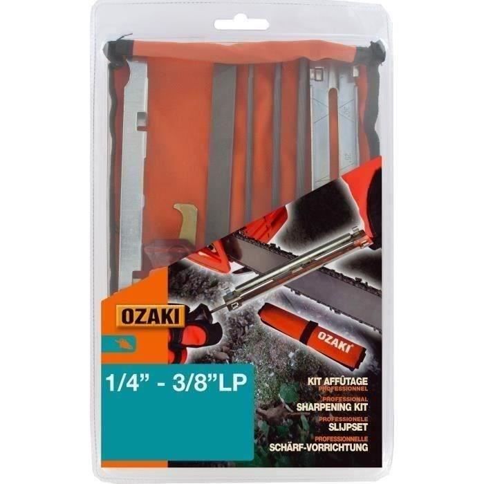 Kit d'affûtage pour chaînes en 1/4 et 3/8 low-pro comprenant 2 manches de lime, 1 jauge de profondeu