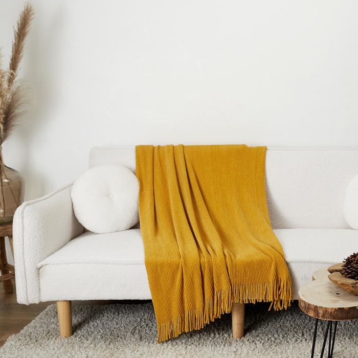Plaid à franges style chenille MIEL DAUTOMNE 120x150 cm moutarde