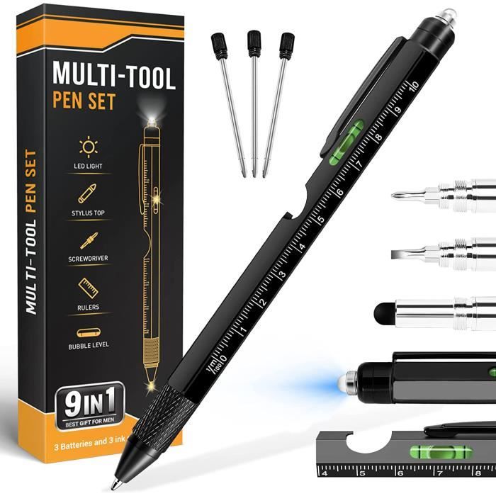 Stylo Multifonction 9 En 1 En Acier Inoxydable - Stylo, Niveau, Tournevis, Décapsuleur, Lampe LED - Cadeau Homme (Argent)