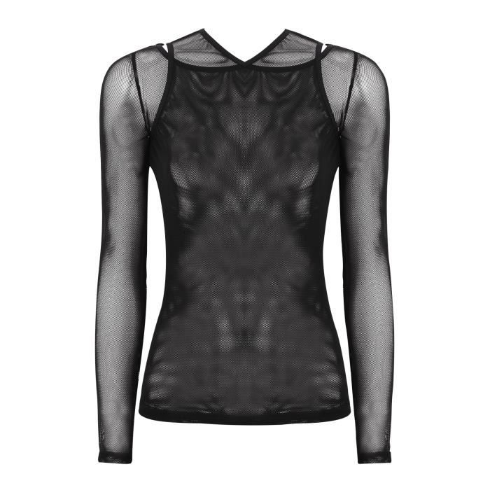 Chemisier Femme Transparent En Maille - Noir, Col Haut, Manches Longues, Coupe Slim, Neuf Avec étiquettes