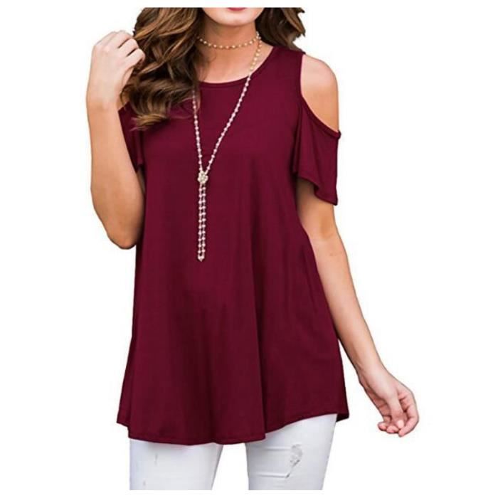 Élégant t-shirt été couleur unie épaules dénudées pour femme tenues