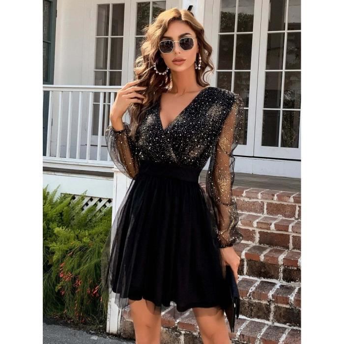 Robe de Soiree Femme Courte Robe Tulle a Paillettes en Col V Brillant Noir yuanmeizhen sexy Noir Cdiscount Pret a Porter
