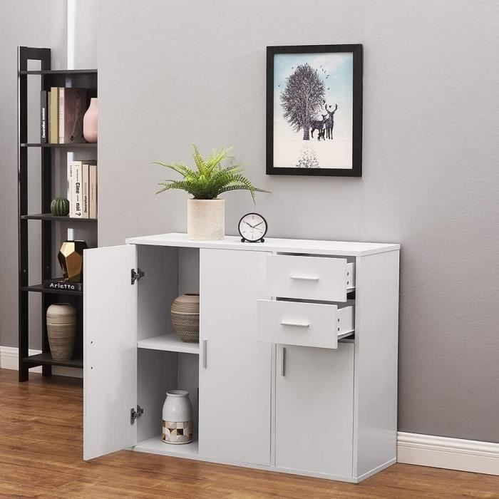 Commode Meuble De Rangement Avec 2 Portes 2 Tiroirs Et 1 Compatiment Sur Salon Chambre 100 X 35 5 X 83 Cm Blanc Cdiscount Maison