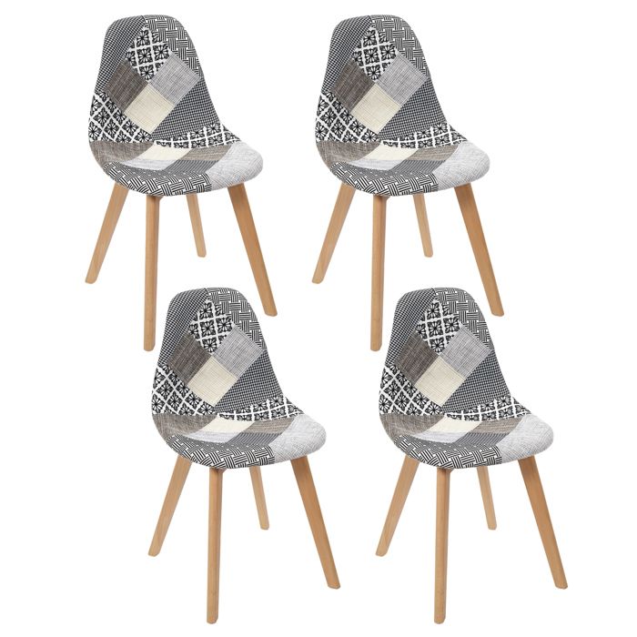 Lot de 4 Chaises - HOME DECO FACTORY - Patchwork - Design Original - Blanc et Gris