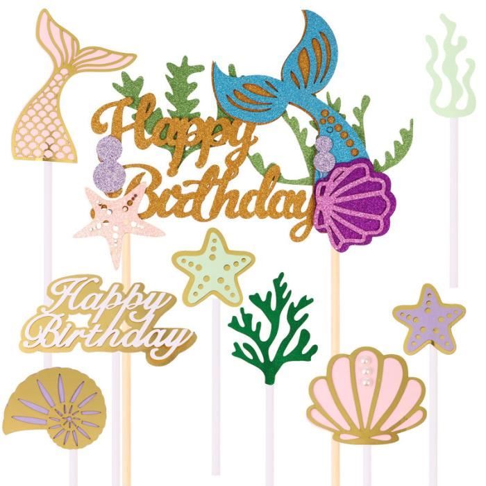 1 Jeu De Gateau De Joyeux Anniversaire Sirene Inserant Des Cartes De Decoration De De Fete D Ete Figurine Decor De Gateau Cdiscount Maison