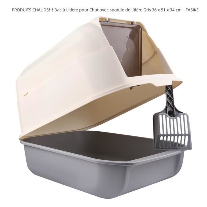 Comparer les prix de Bac à Litière - FASIKE - Modèle avec Couvercle - 36 x 51 x 34 cm - Spatule incluse - Gris