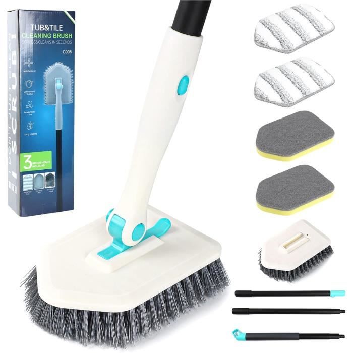 Brosse Nettoyage Salle De Bain 3 En 1 - Manche Télescopique 80-119 Cm - Tête Pivotante Et Verrouillable - Pour Carrelage, Baignoire, Vitres